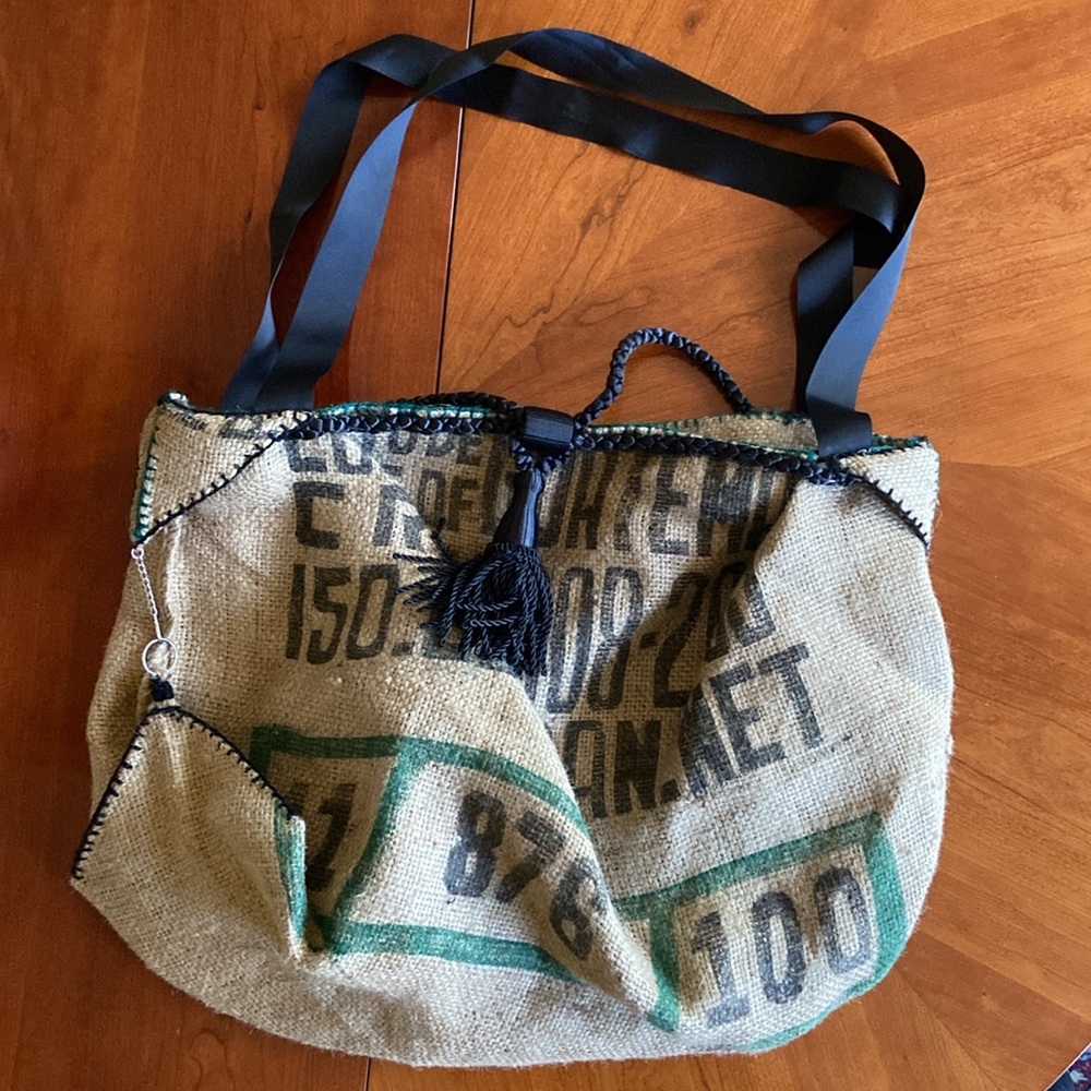 Jute Tote Bag with Black Tassel and Chain Detail